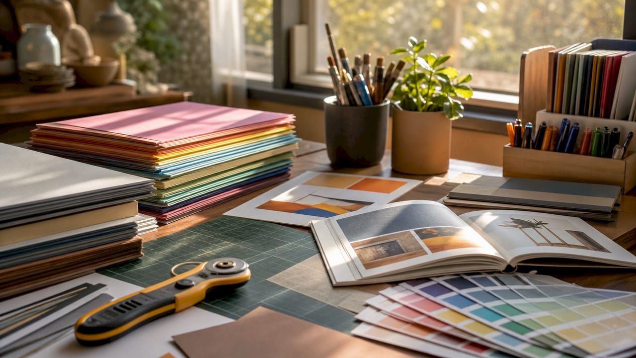Poster making materials neatly arranged on table