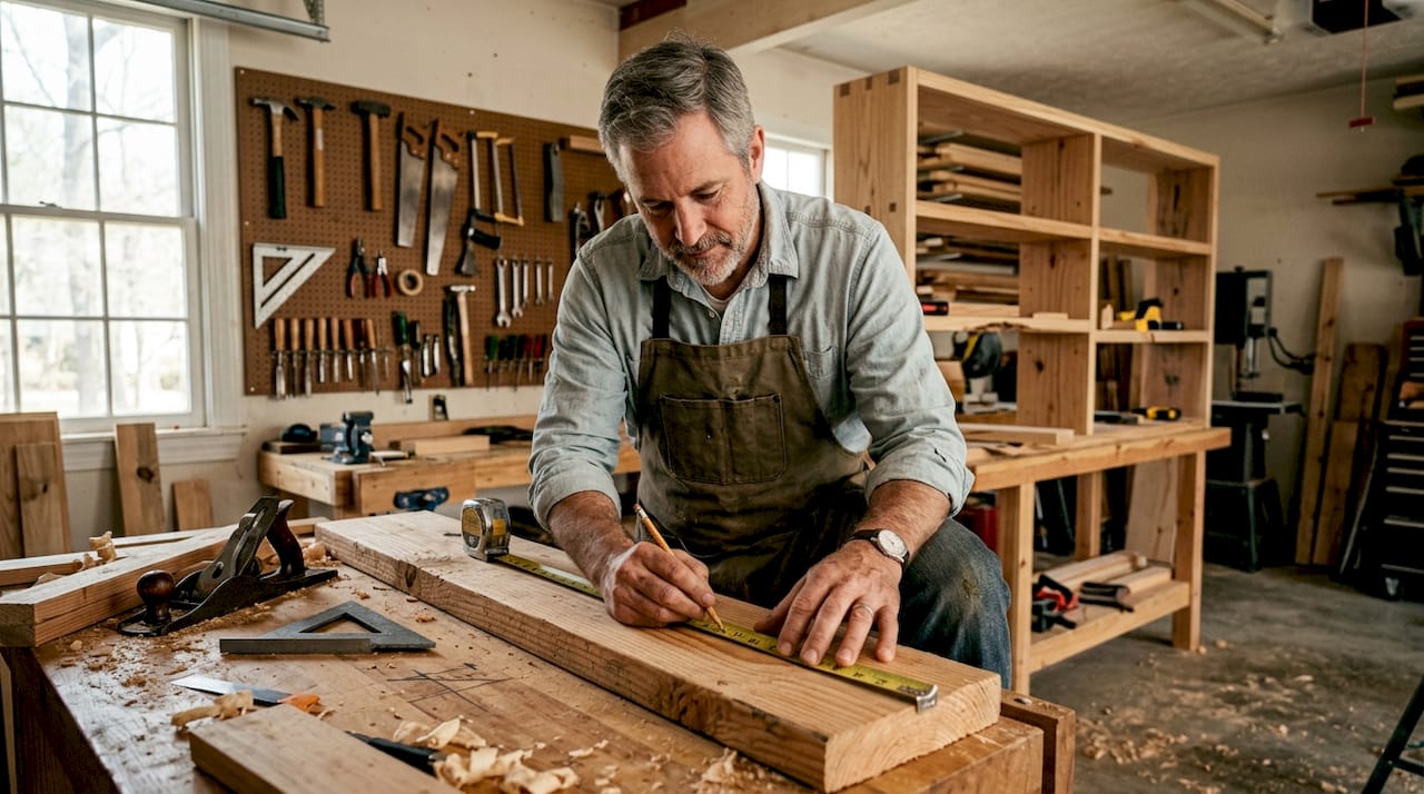 Carpenter measuring wood in workshop