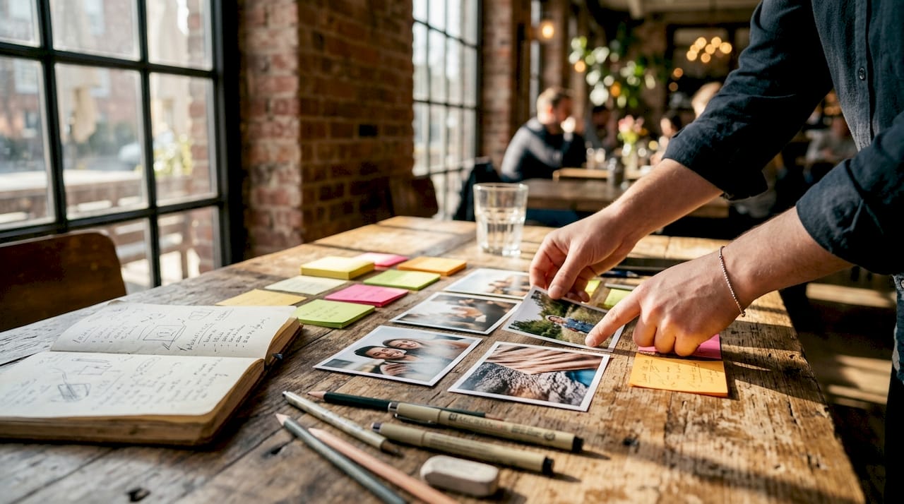 Hands arranging customer photos on desk