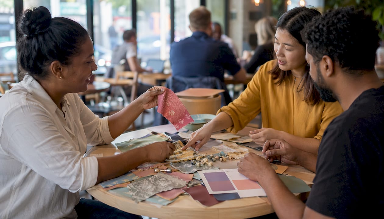 Close-up of diverse hands selecting gift personalization materials