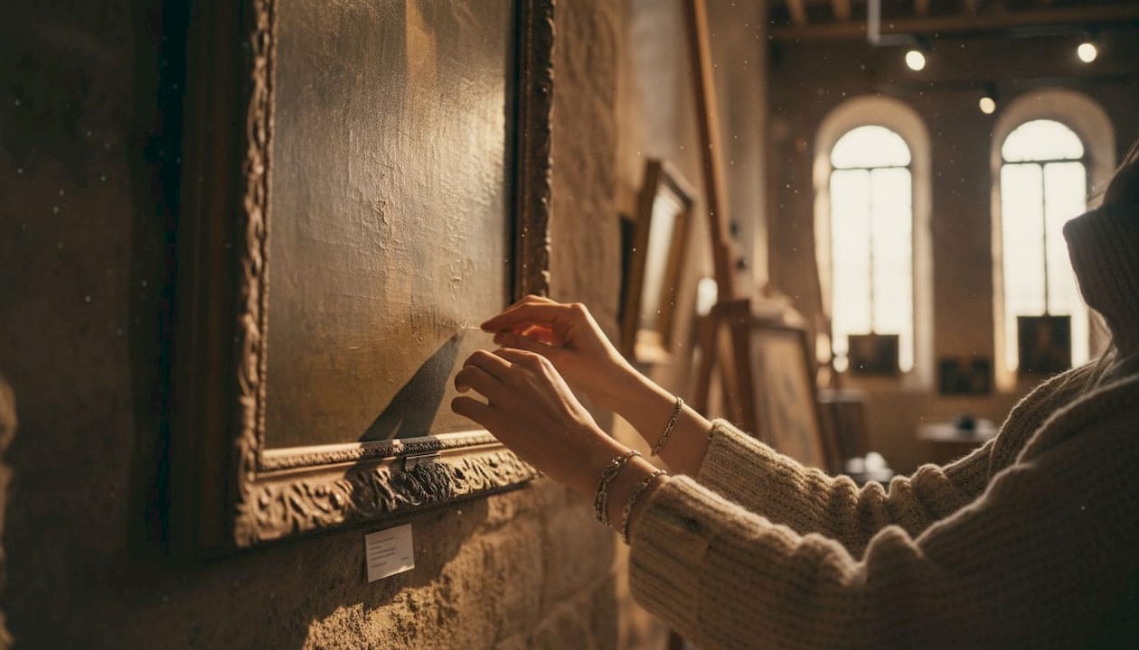 Close-up of hands tracing vintage painting signature