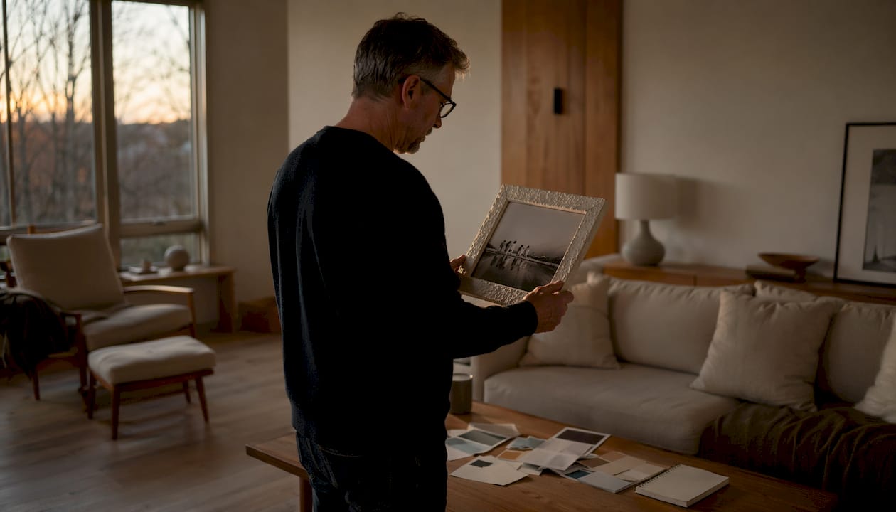 Man inspecting framed photo for wall art choice