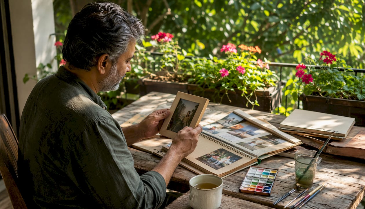 Man reflecting on personal decor in cozy library