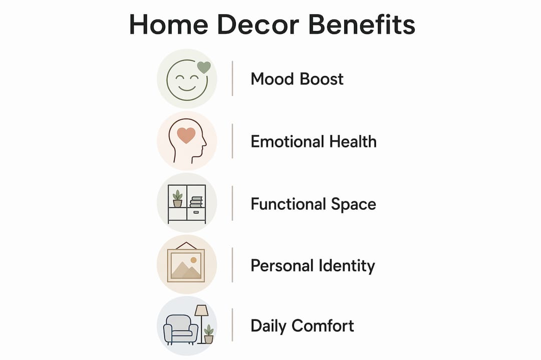 Infographic showing home decor benefits in vertical steps
