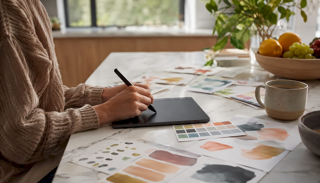 Artist hands designing personalized wall art using digital tools