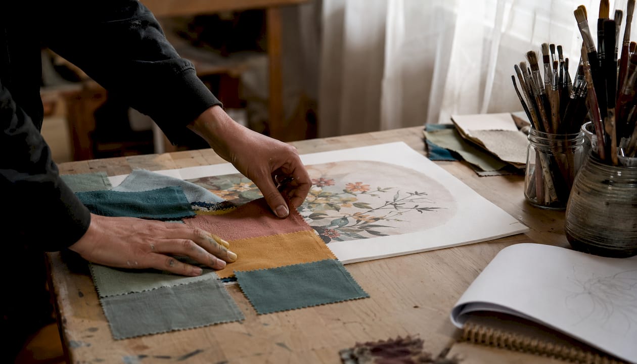 Overhead view of hands selecting wall art materials
