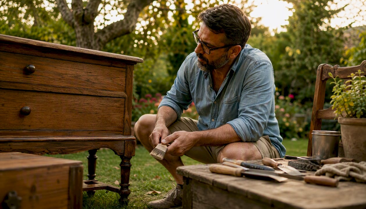 Man refinishing reclaimed wood furniture outdoors