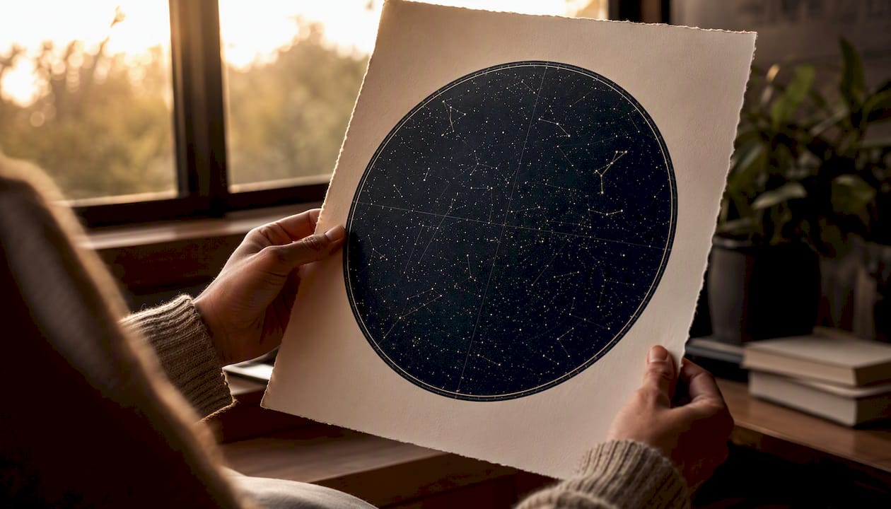 Hands holding star map print