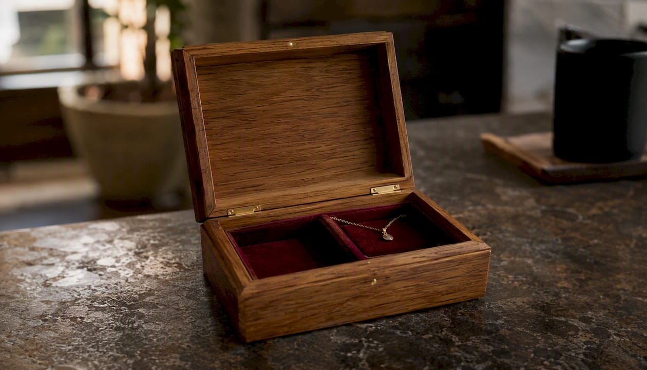 Open engraved wooden keepsake box with velvet lining