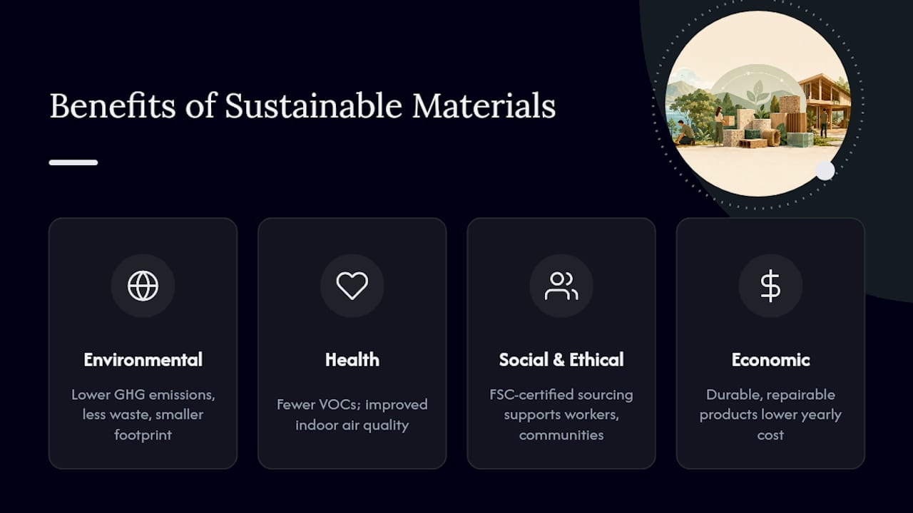 Diagram showing four benefits of sustainable materials