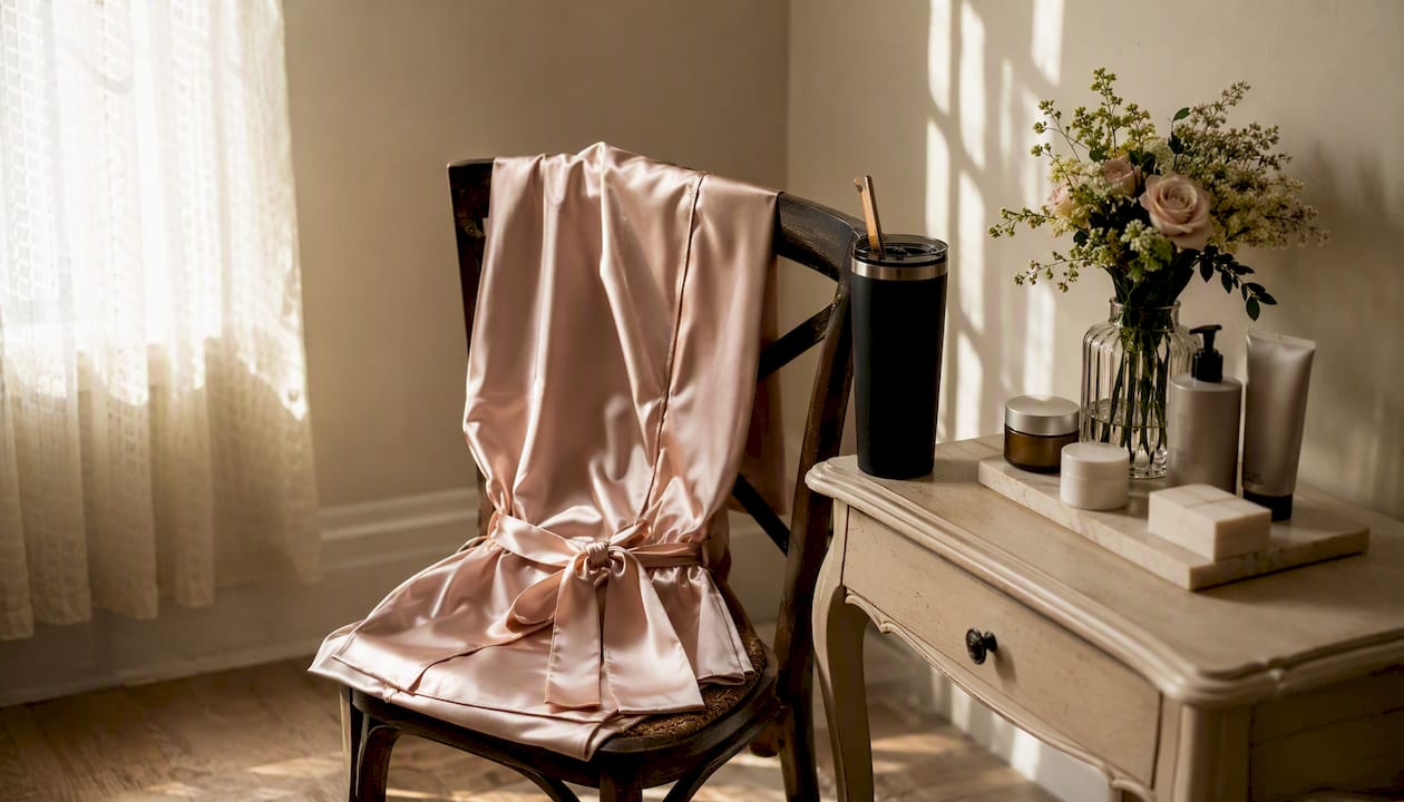 Satin robe and monogrammed tumbler on dresser