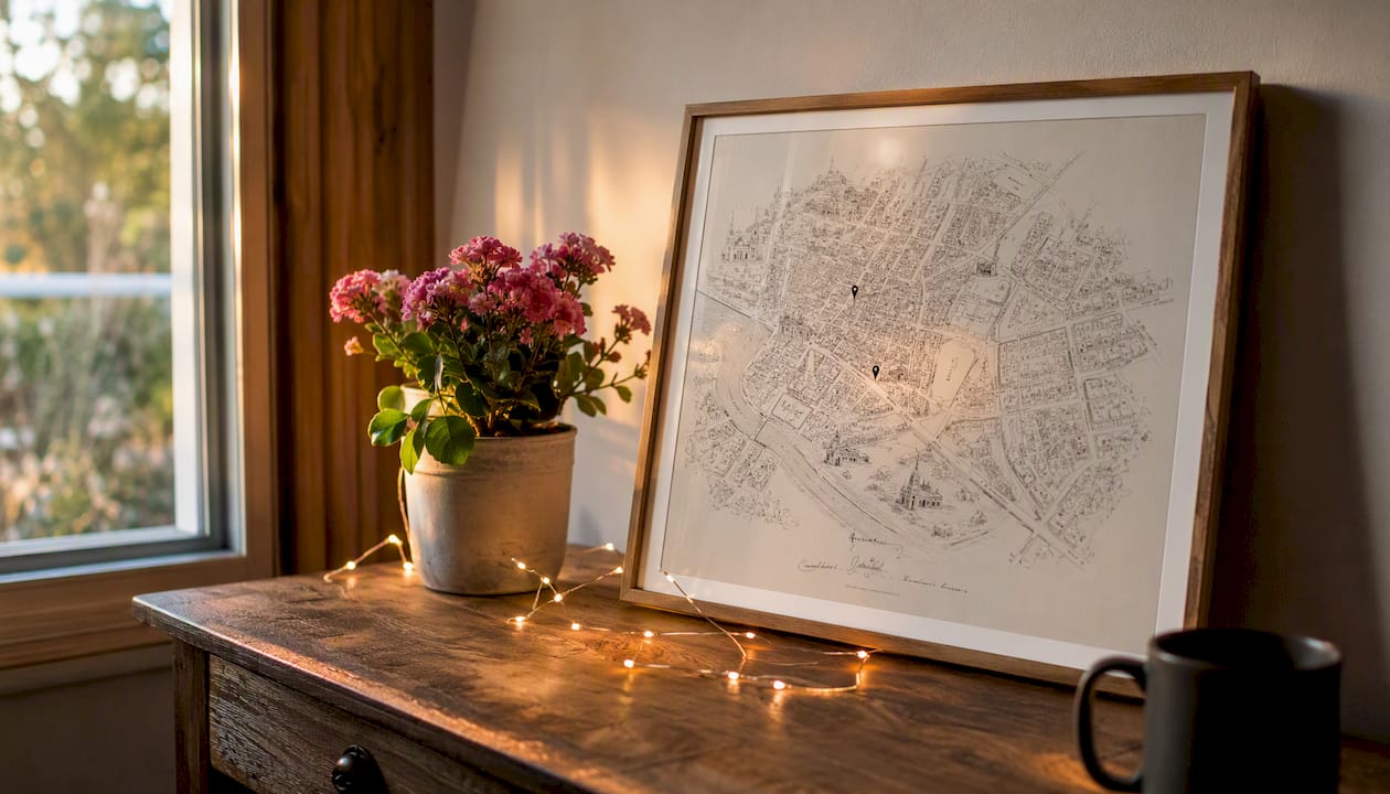 Framed custom city map on table for anniversary