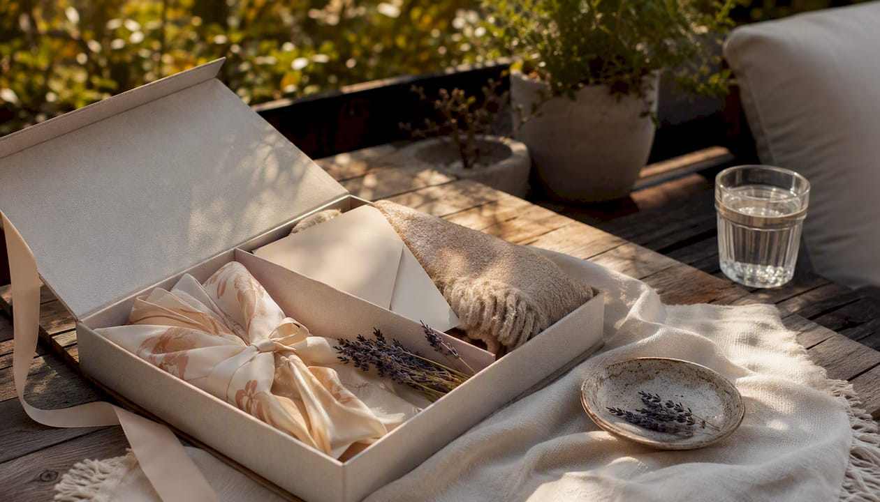 Curated gift box with cashmere wrap and spa voucher