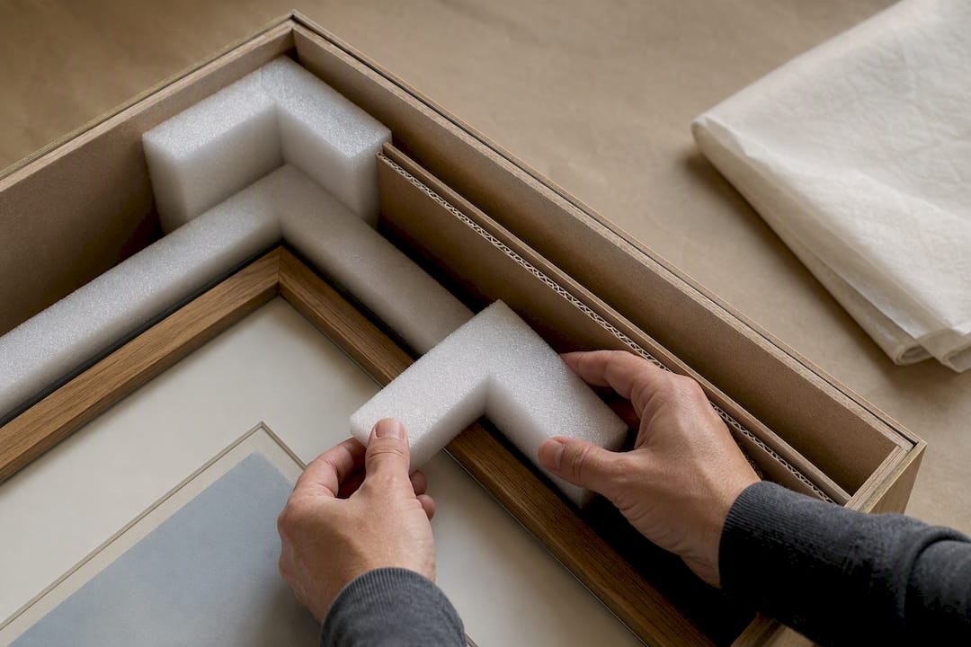 Foam protecting framed artwork corner