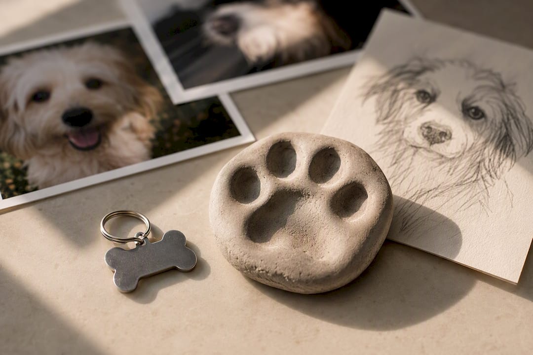 Pet collar tag and paw print beside photos