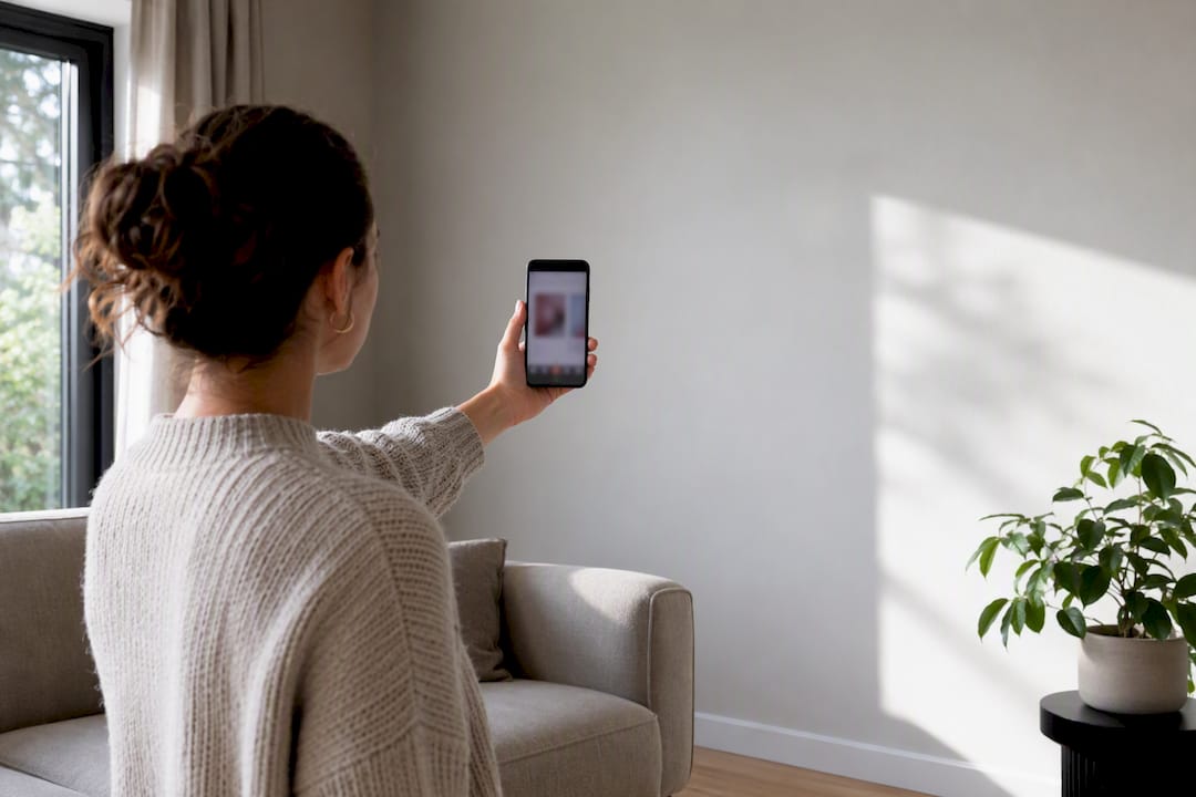 Shopper checking wall art scale with smartphone