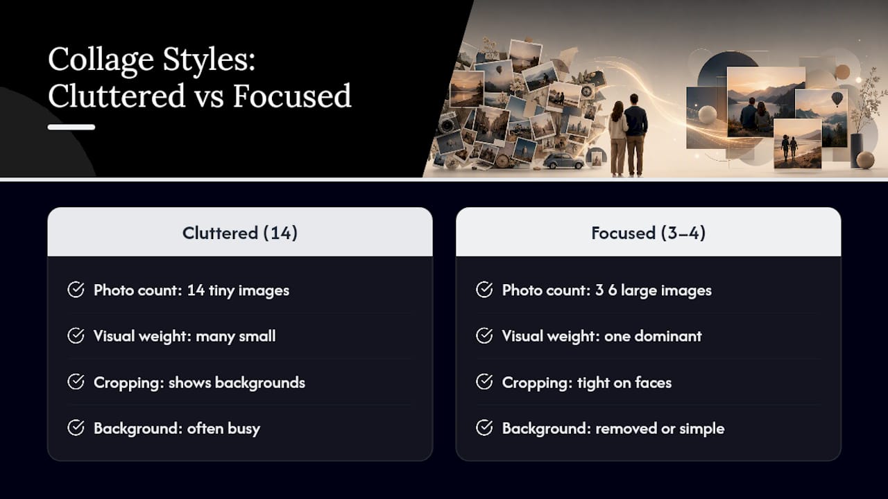 Comparison of crowded and focused photo collages