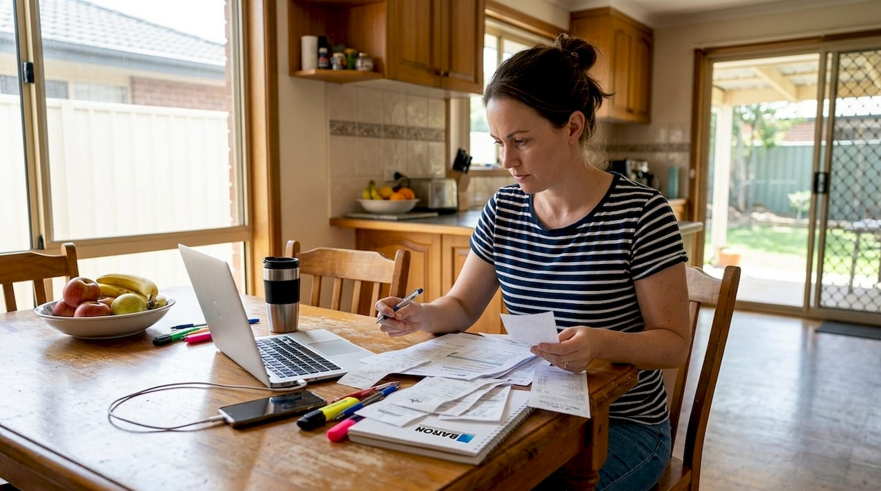 一位女士正坐在厨房的餐桌前，仔细整理手中的报税资料。