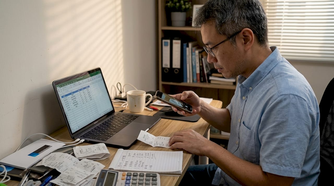 一位男士正在用手机拍摄发票，以便记录和管理个人消费。