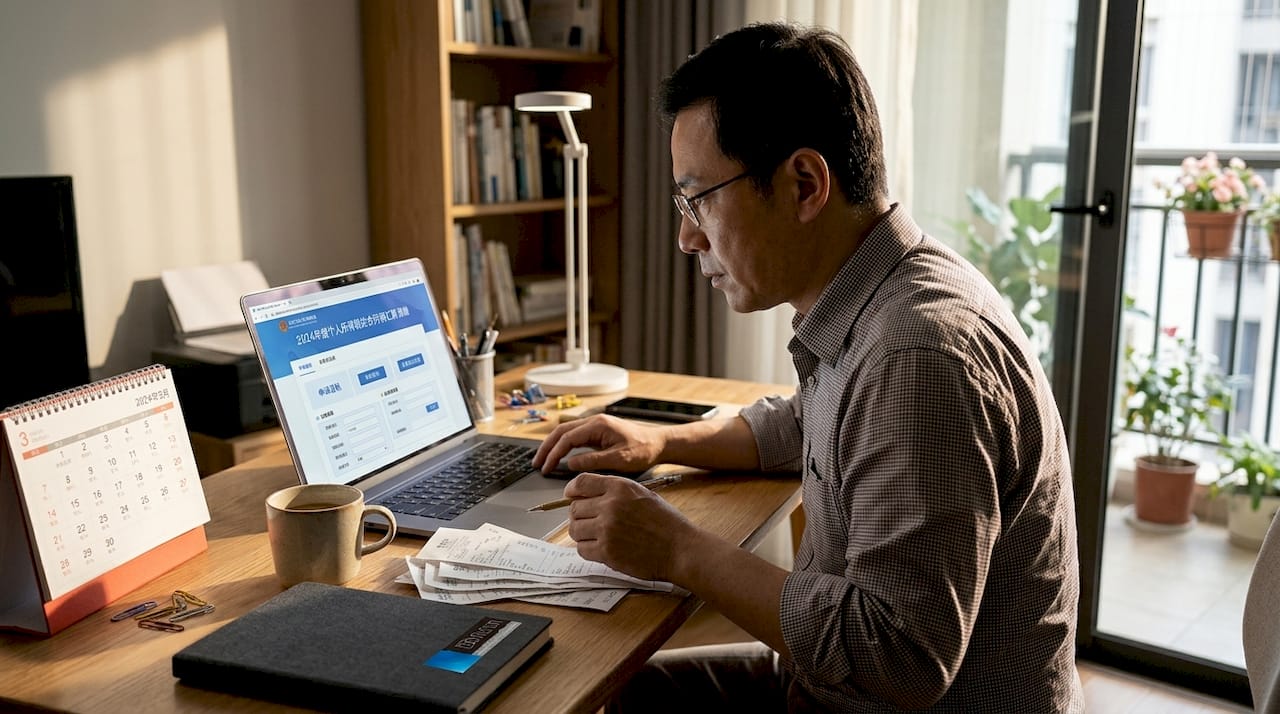 一位男士正在家中书房整理个人退税相关的材料