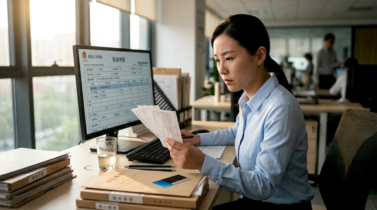 一位女性正在认真核查报税资料和相关数据