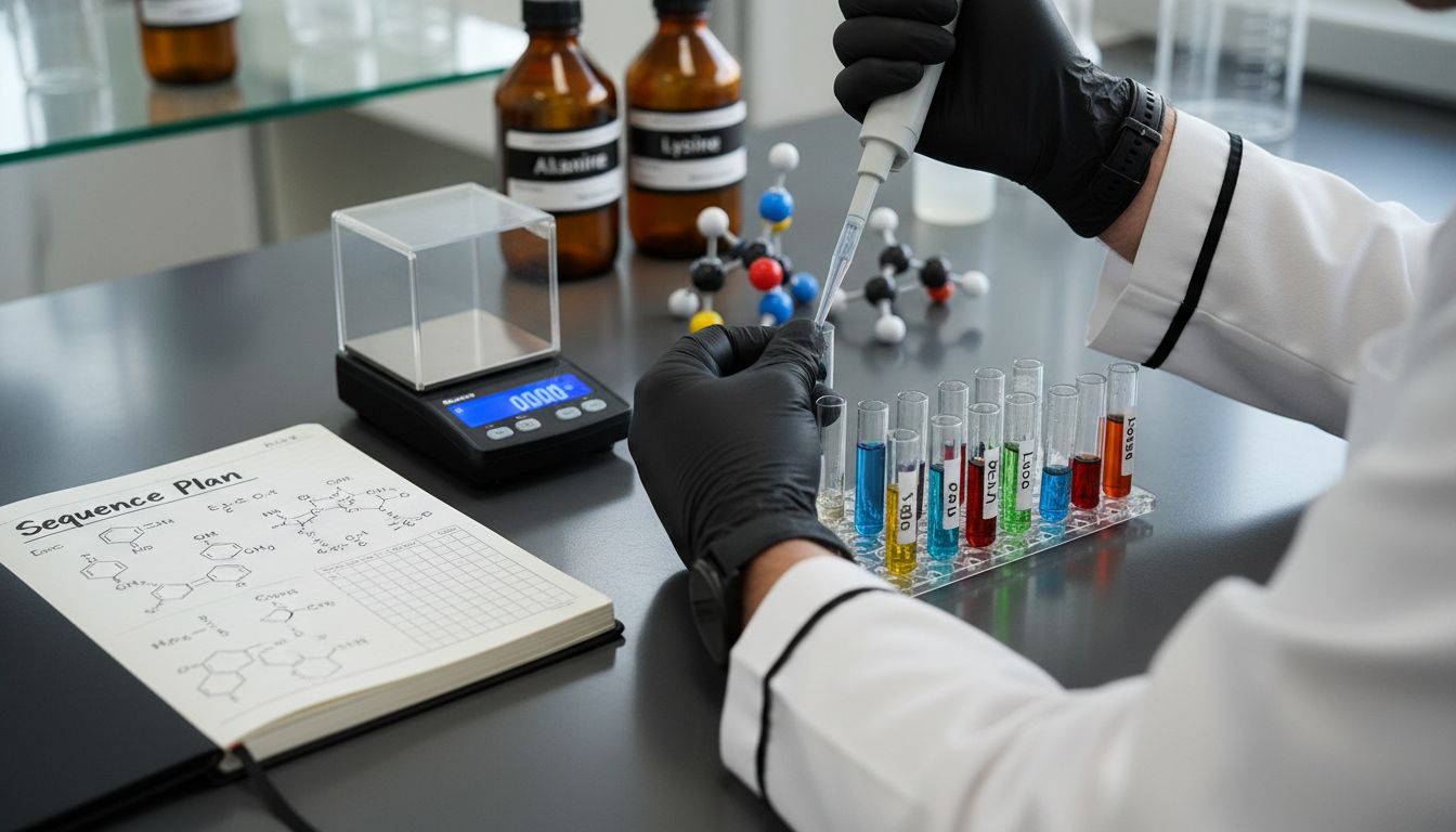 Lab hands pipetting amino acids for synthesis