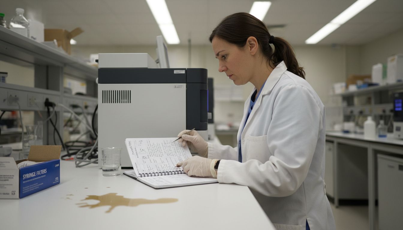 Technician calibrating HPLC for peptide analysis