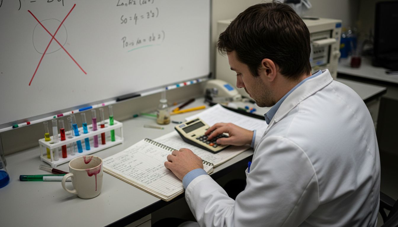 Scientist checking calculations for math errors