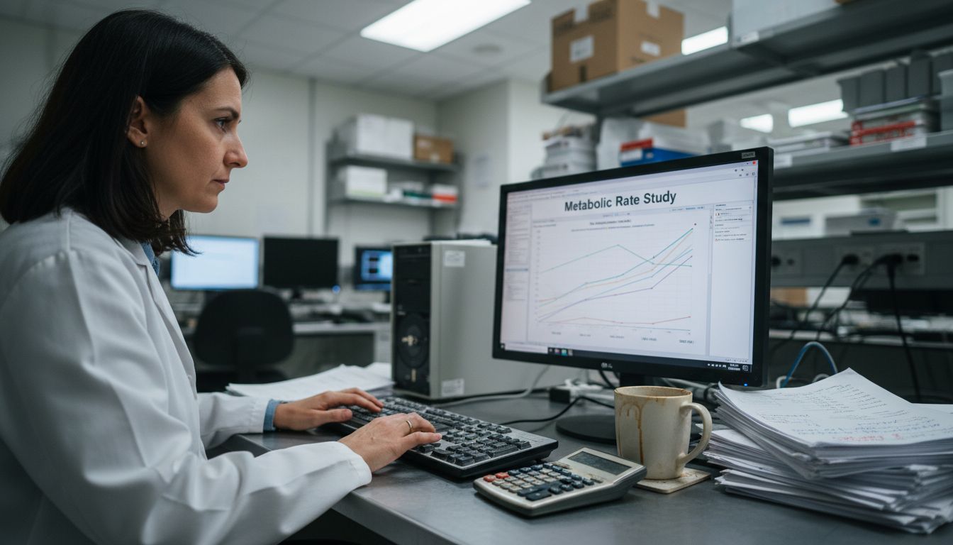 Researcher analyzing metabolic data at cluttered desk