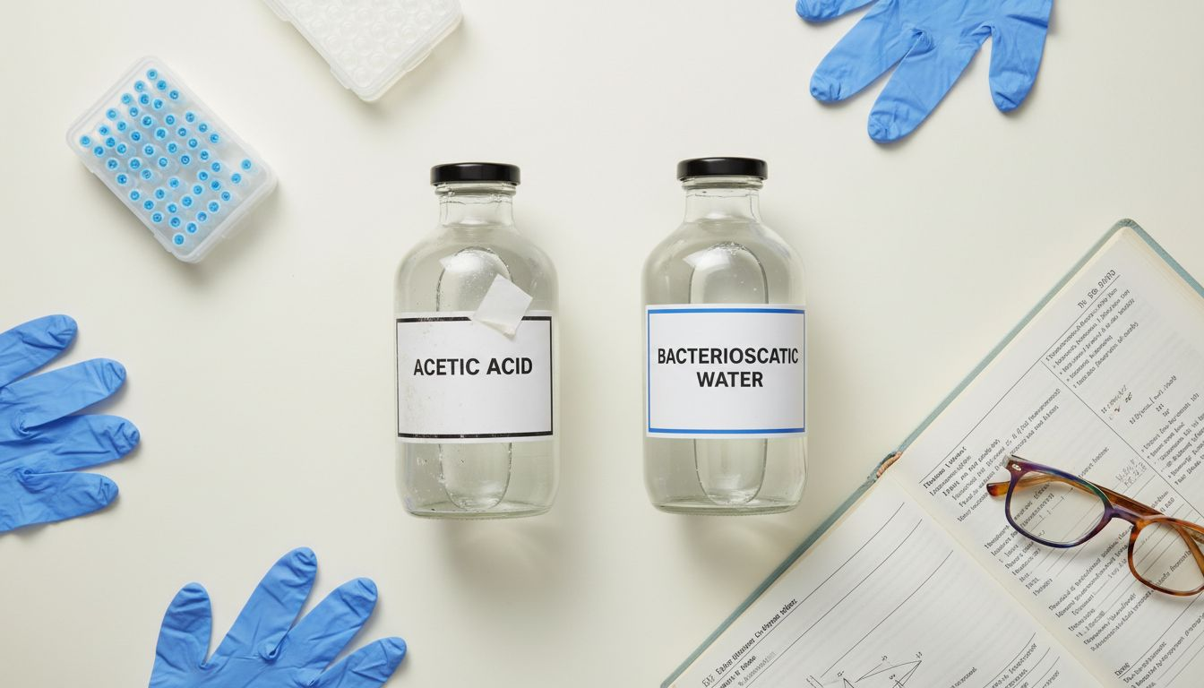 Acetic acid and bacteriostatic water bottles in lab
