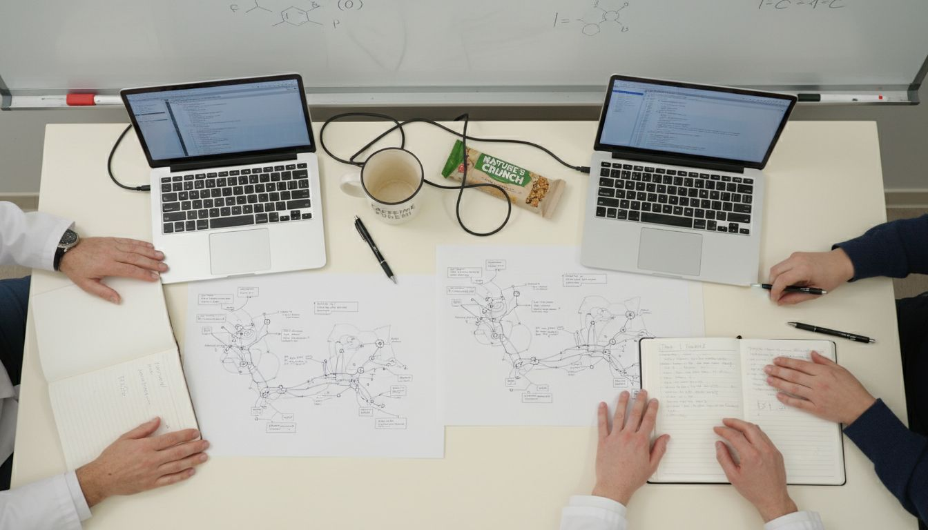 Researchers comparing receptor agonist data at table