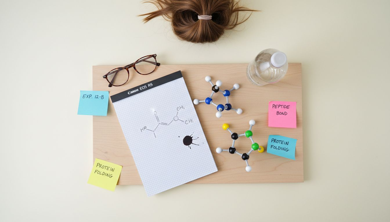 Student drawing peptide molecule models at desk