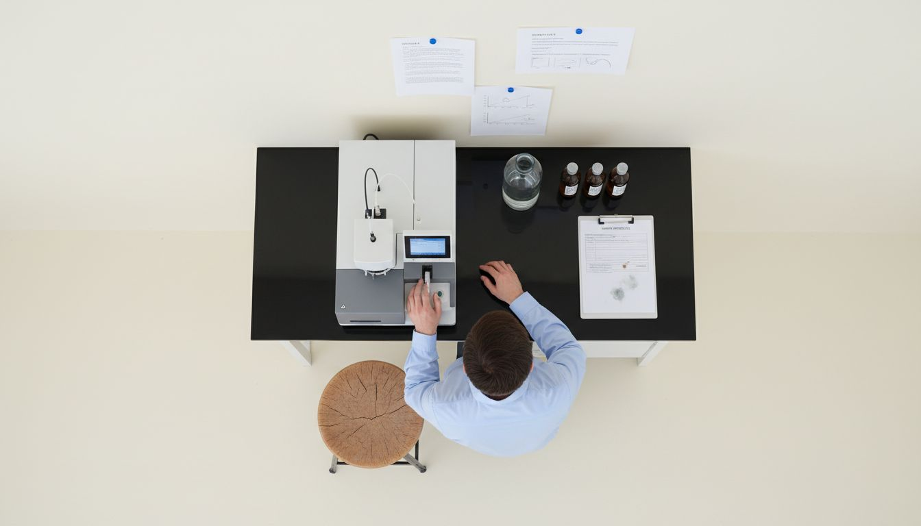 Technician operating HPLC for peptide testing