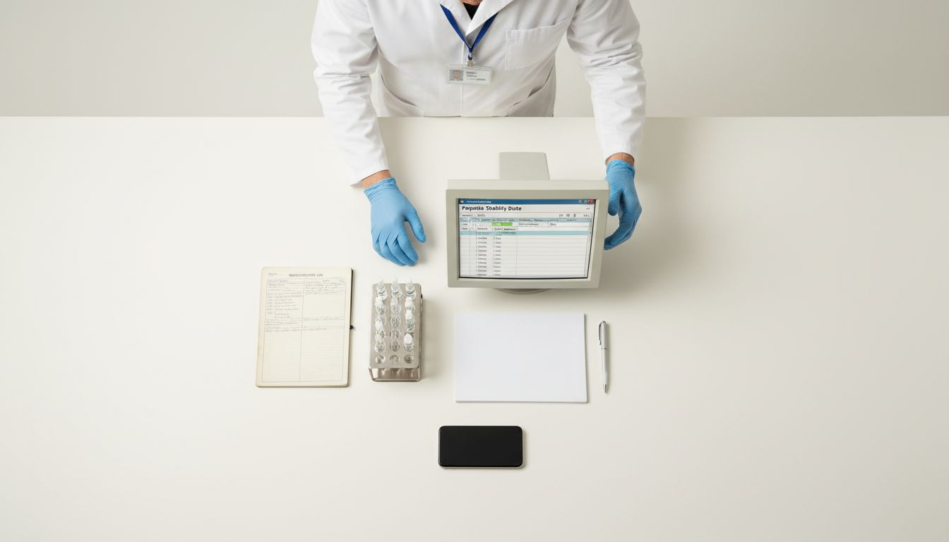 Lab technician checking peptide shelf life log