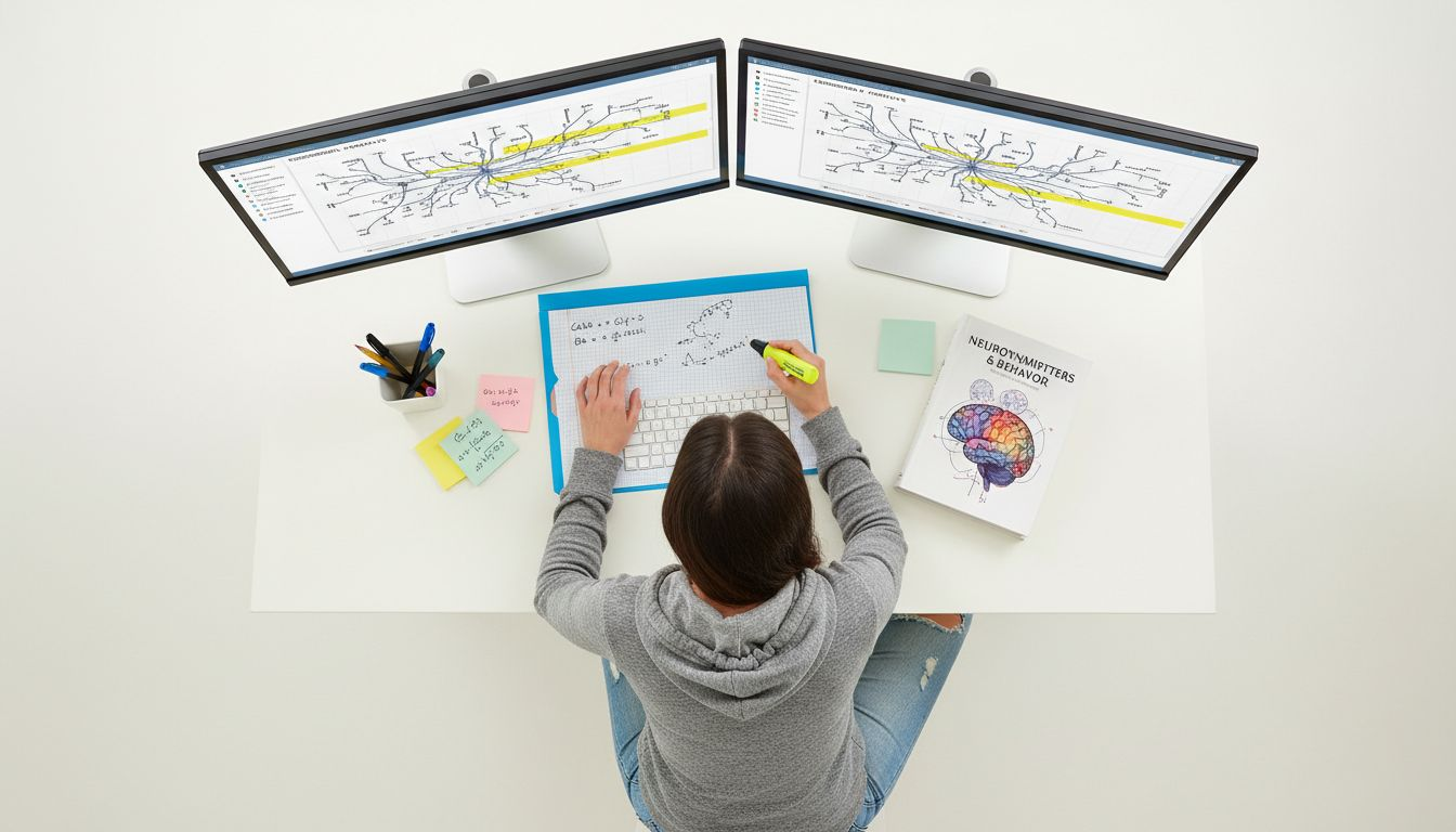 Researcher reviewing neural pathway diagrams