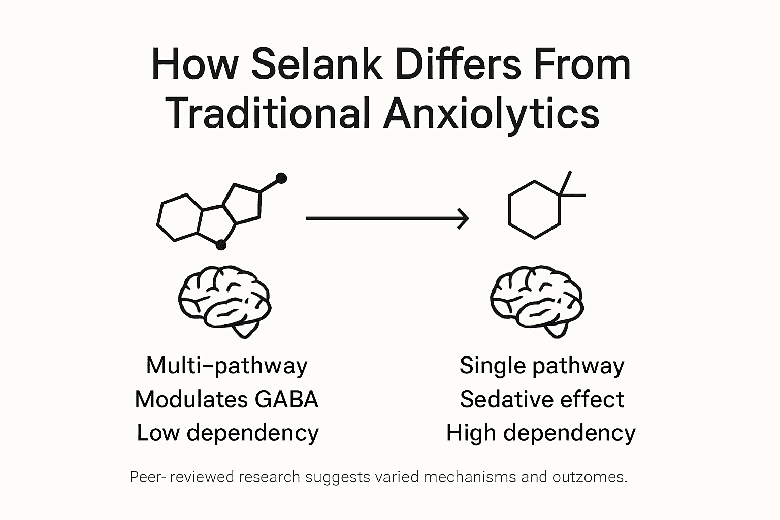 Infographic comparing Selank and traditional anxiety drugs
