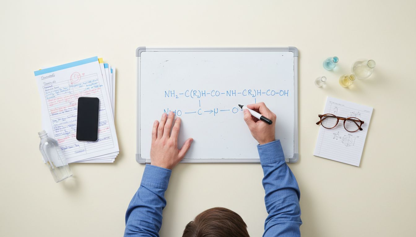 Scientist drawing linear peptide structure on whiteboard