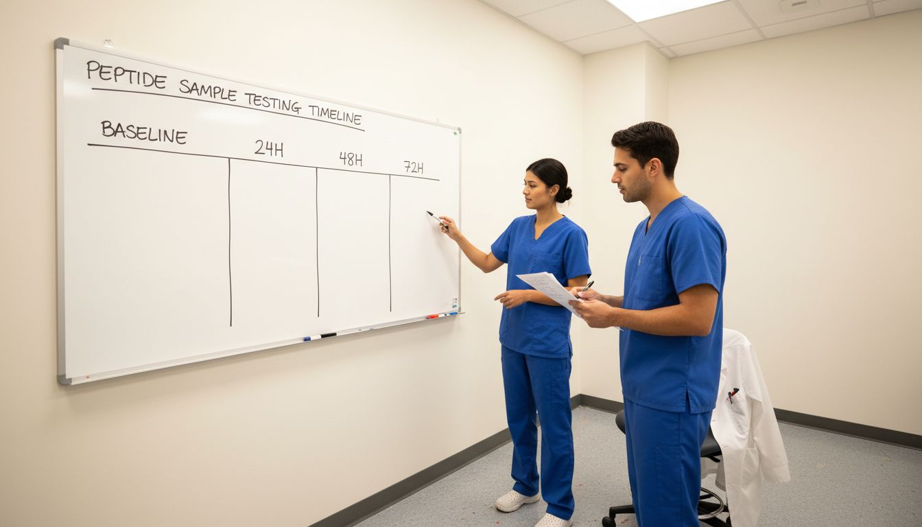 Lab staff track timeline for peptide testing