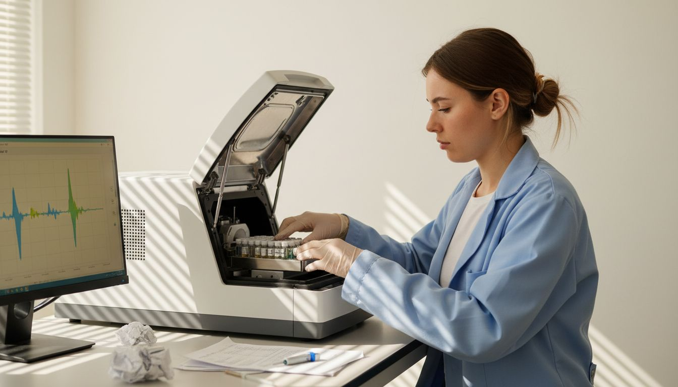 Technician operating mass spectrometry equipment