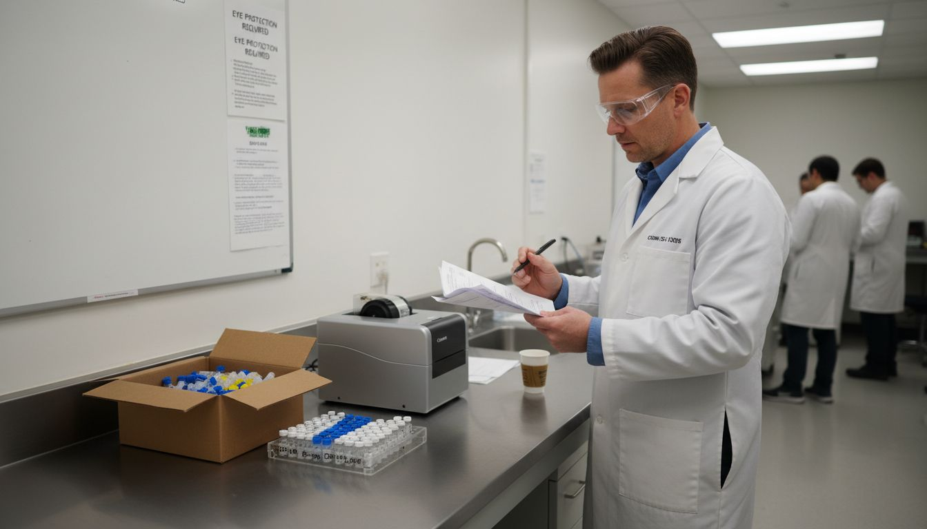 Lab manager reviewing peptide batch records