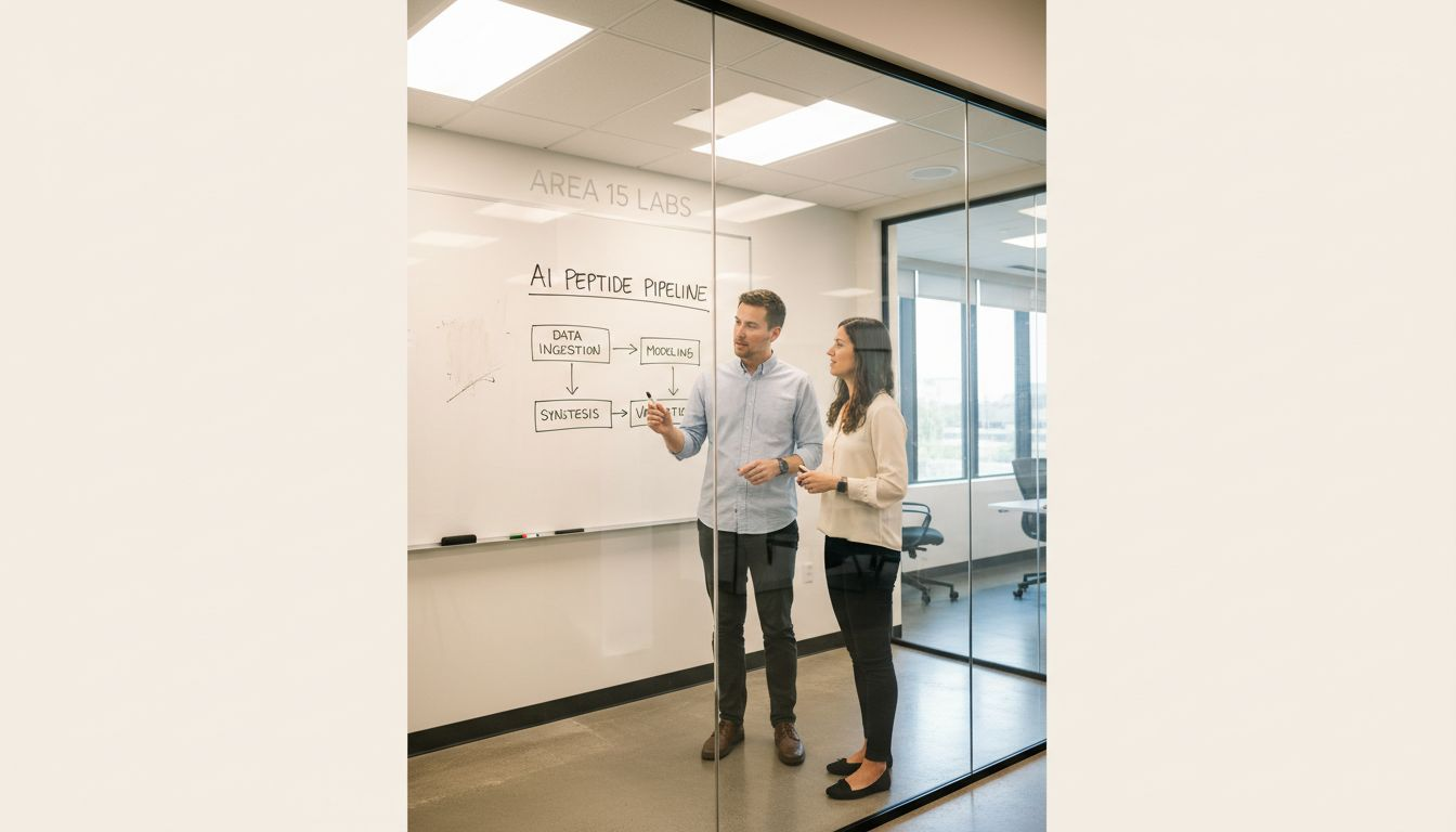 Generative Ai For Peptide Binding Prediction: Area 15 Labs’ Bold Approach 2 Team analyzing AI peptide pipeline on whiteboard