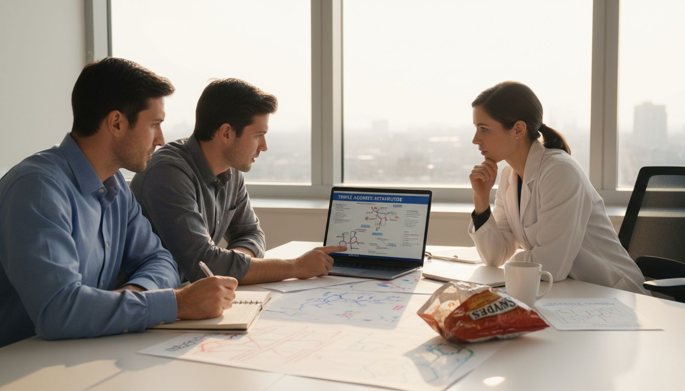 Scientists review metabolic pathway charts together