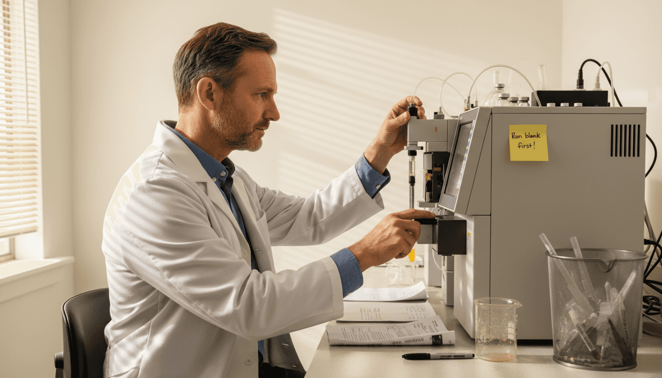 Scientist injecting peptide into HPLC equipment
