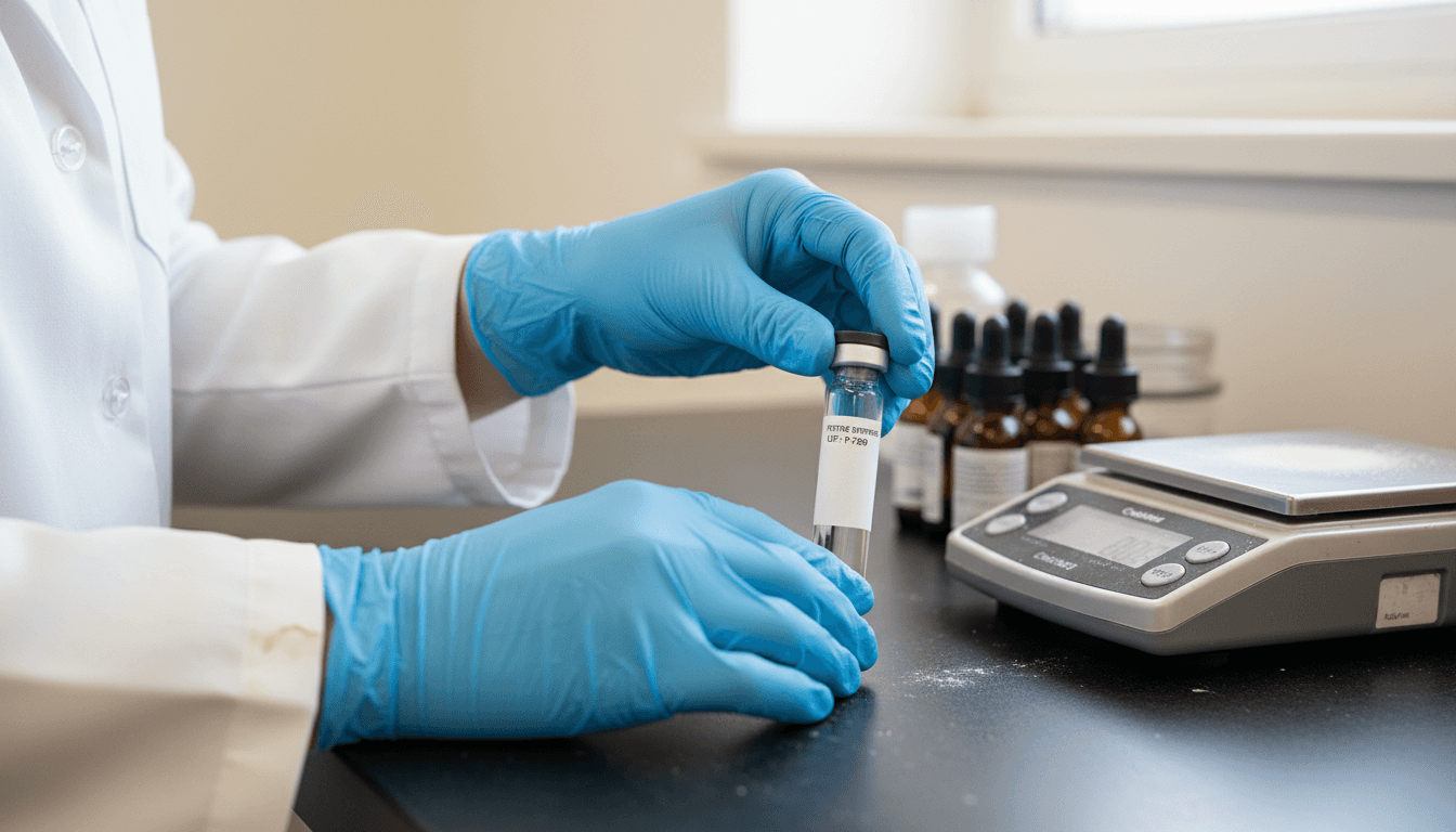 Lab technician handles peptide vial during synthesis