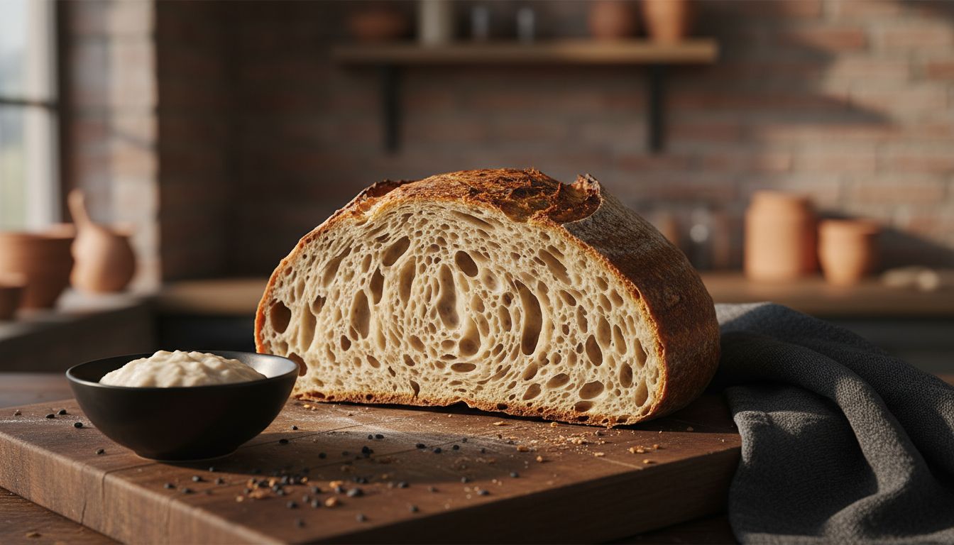 Felie de pâine cu maia arătând structura aerisită a miezului