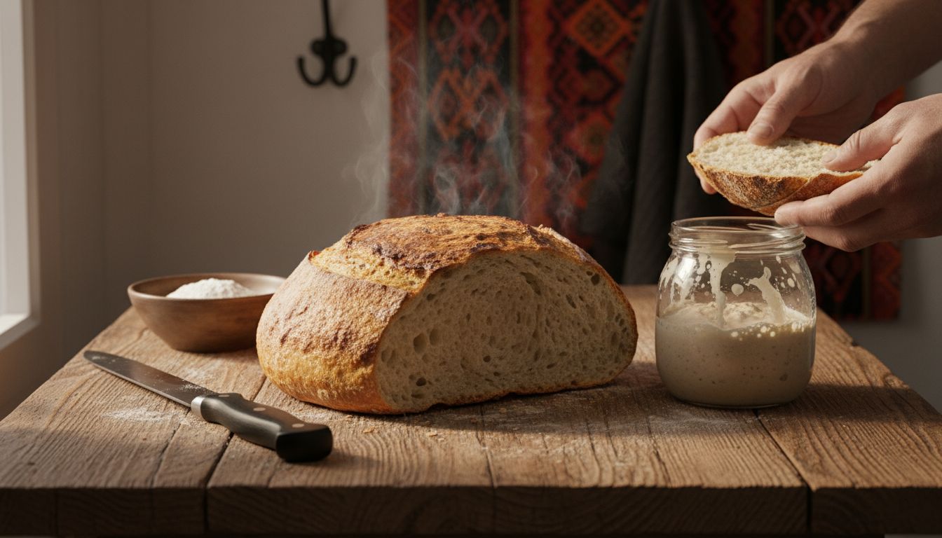 Pâine cu maia artizanală cu crustă aurie și miez aerat