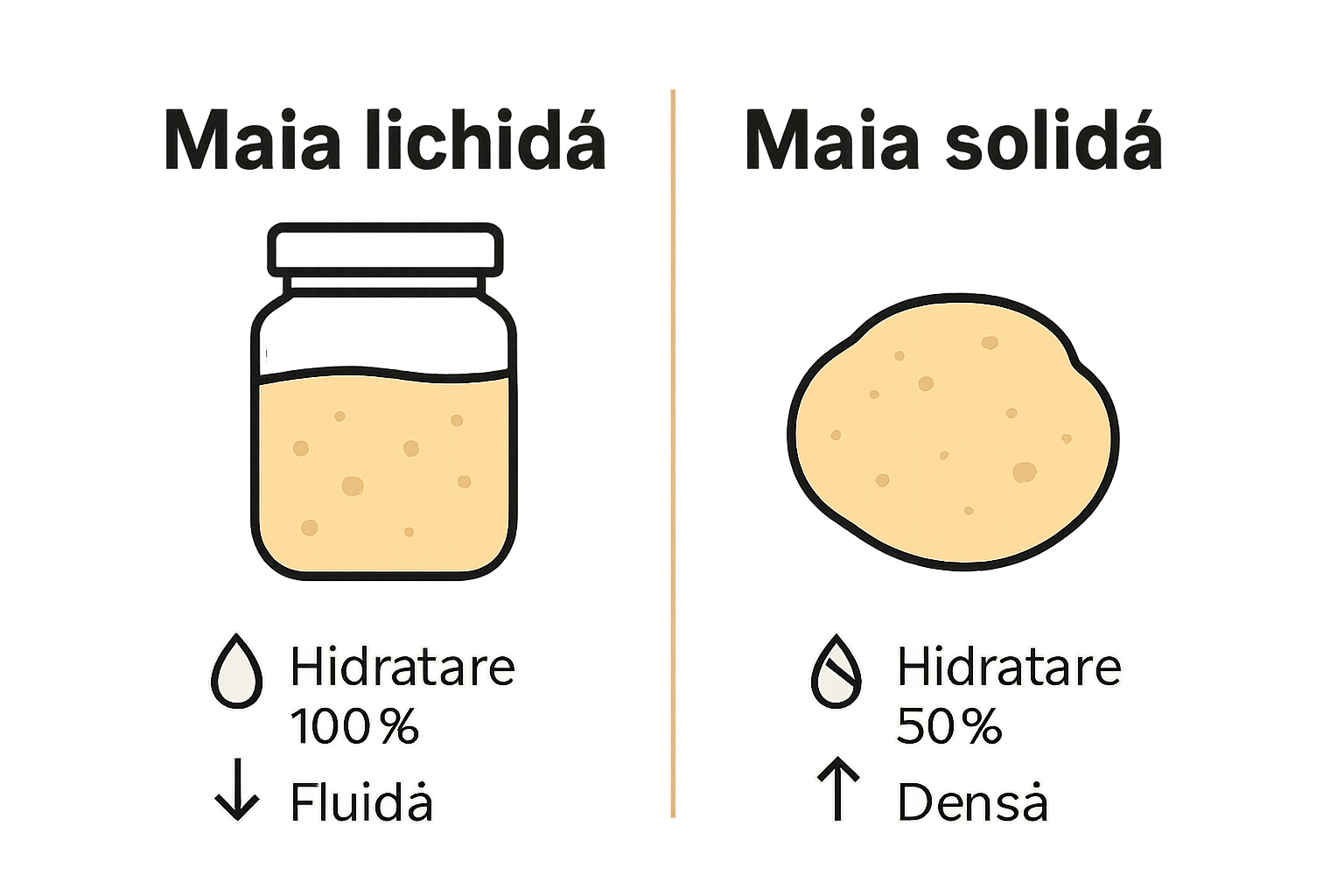 Infografic comparativ între maia lichidă și maia solidă