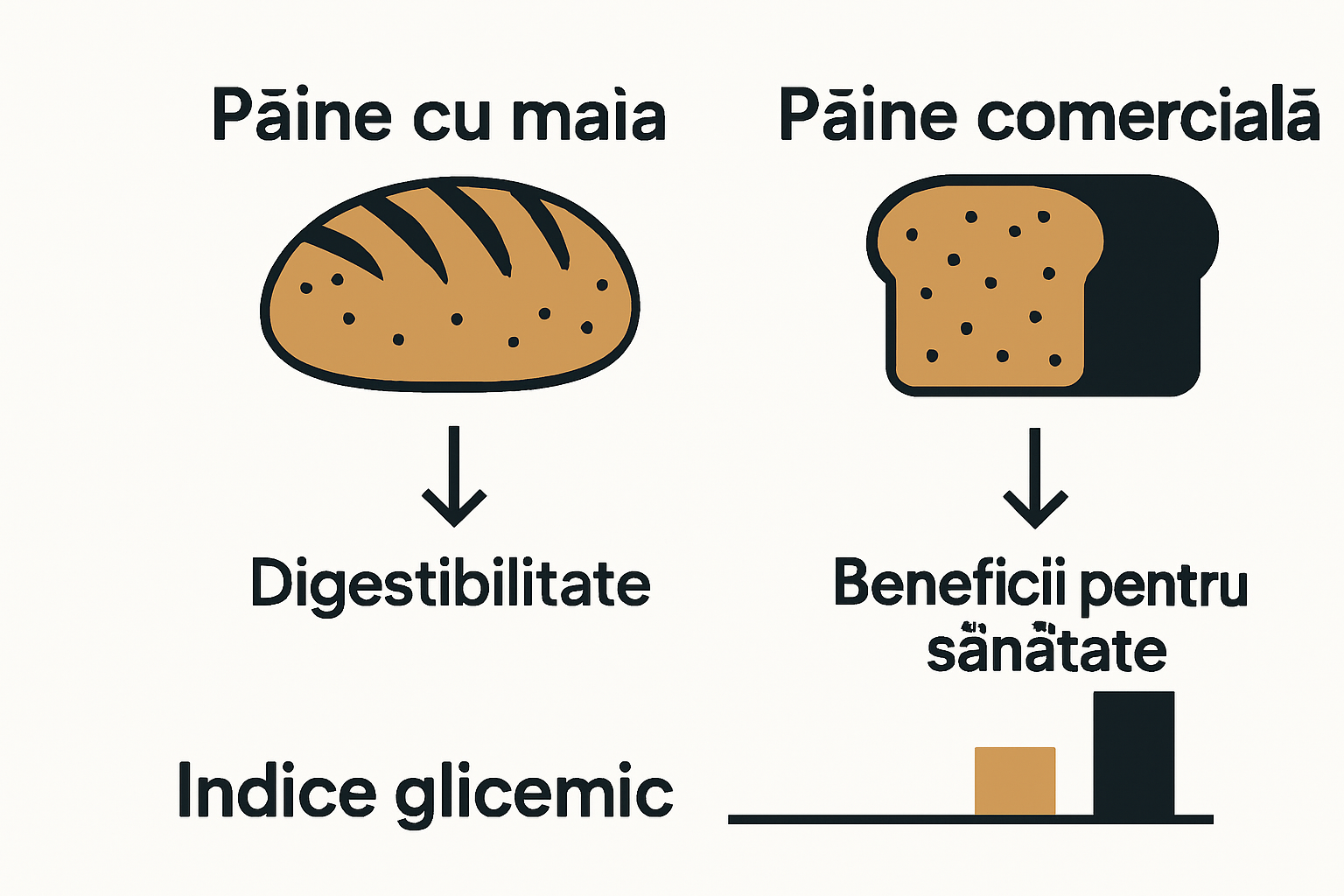 Infografic comparativ între pâinea cu maia și pâinea comercială