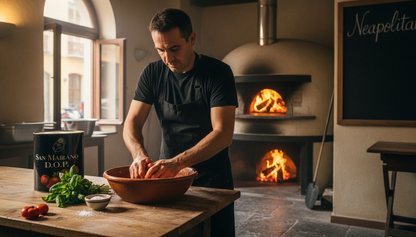 Chef crushes tomatoes for Neapolitan pizza sauce