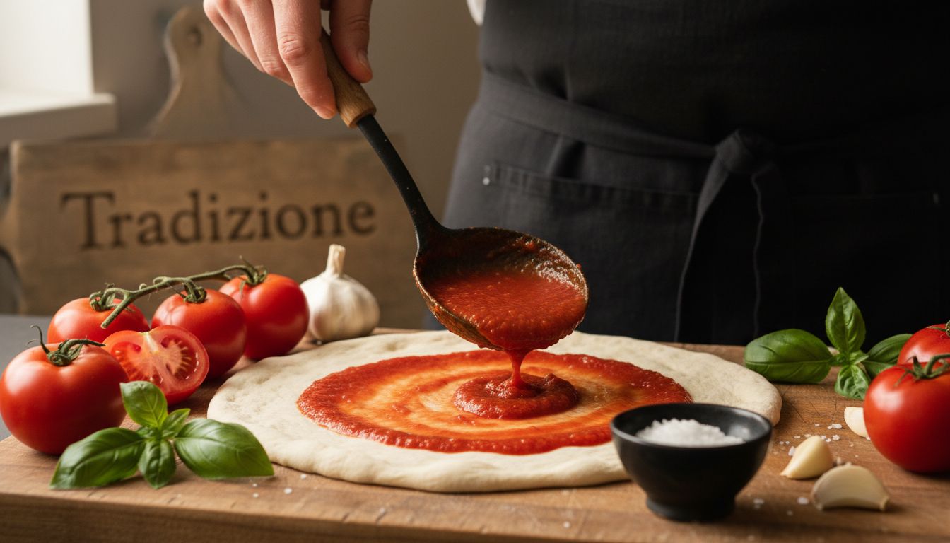 Closeup of Neapolitan sauce on pizza dough